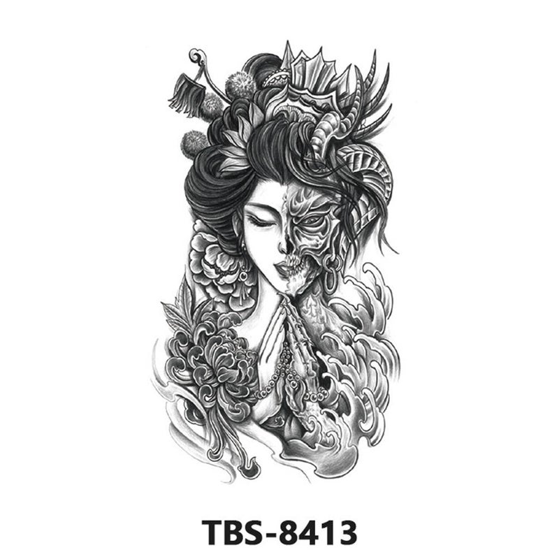 Waterproof temporary tattoo stickers, full sleeve geisha temporary tattoo stickers, large image, black and white, color, full sleeve tattoo, 1 piece.